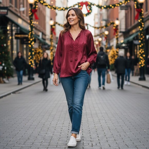 Lucky Brand Burgundy Peasant Embroidered Tassels Long Sleeve Top Sz L #224i - Picture 3 of 14